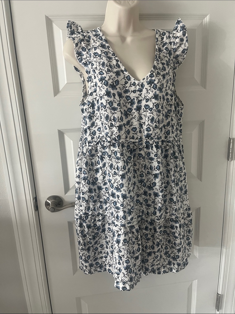 Lucky Brand White Mini Dress with Blue Floral V-Neck